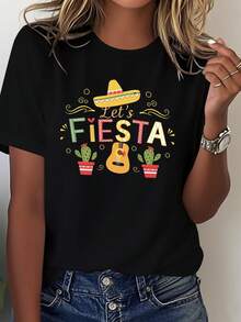 Women's Mexican Festival T-Shirt - Solid Color Short Sleeves With Wide Brim Hat, Maracas, And Cactus Prints - Let's Celebrate With Spanish-Themed Party Outfits, Mariachi Dance Costumes, And Accessories (Machine Washable) Blouses For Women - 黑色 - 查看 6