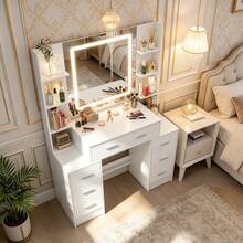 Large Dressing Table With LED Lighted Mirror Stool 10 Shelves Vanity Makeup Desk - Dressing Table With Drawers Mirror Stool Set Makeup Desk Vanity Table Bedroom - White - View 2