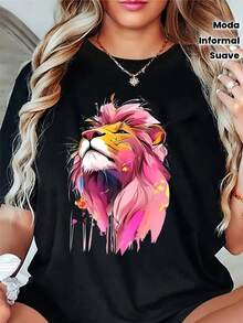 Women's Casual Sport T-Shirt With Vibrant Pink Lion Print - Soft And Stretchy Crew Neck, All Year Round Comfort And Modern Urban Style, Non-See-Through Fabric - 黑色 - 查看 1