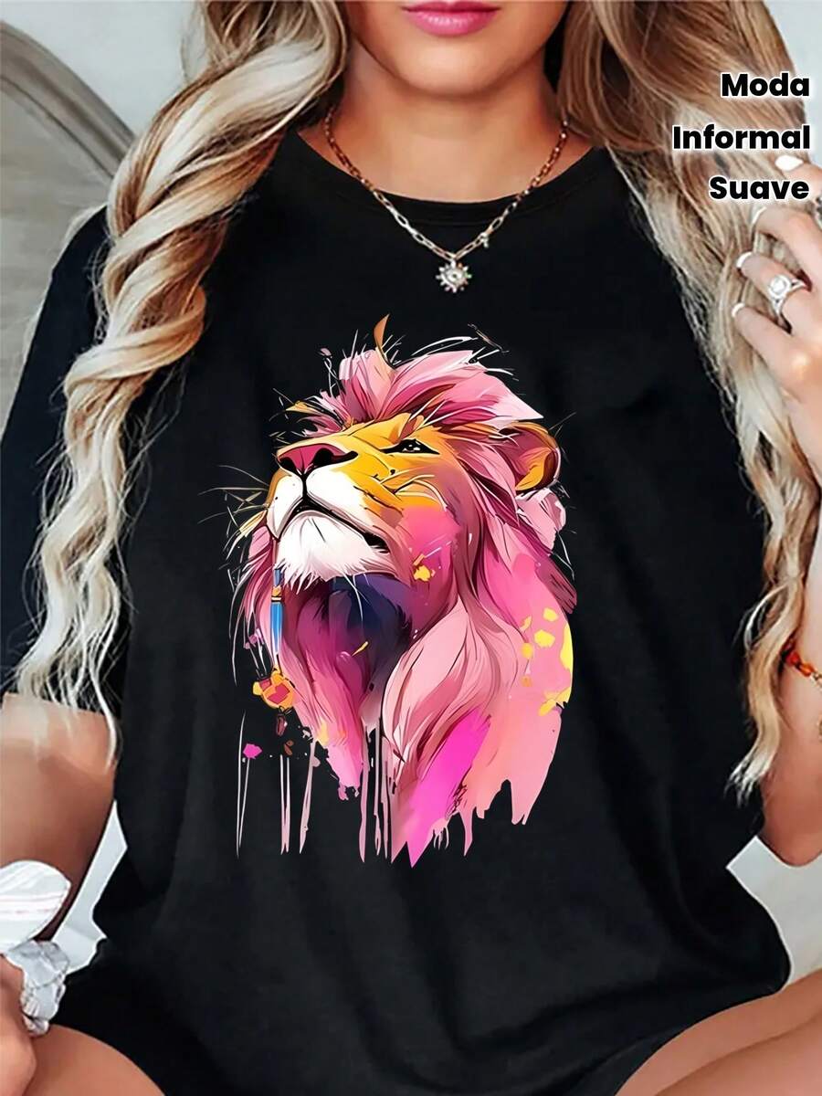 Women's Casual Sport T-Shirt With Vibrant Pink Lion Print - Soft And Stretchy Crew Neck, All Year Round Comfort And Modern Urban Style, Non-See-Through Fabric - 黑色 - 查看 1