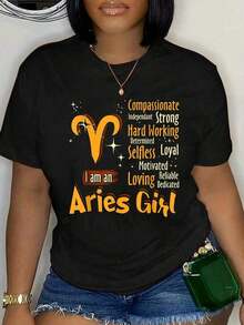 100% Cotton I Am An Aries Girl Zodiac Sign Women's Funny T-Shirt, Casual Blouse, Basic Tops, Women's Cotton T-Shirts, Oversized Women's Shirt - 黑色 - 查看 1