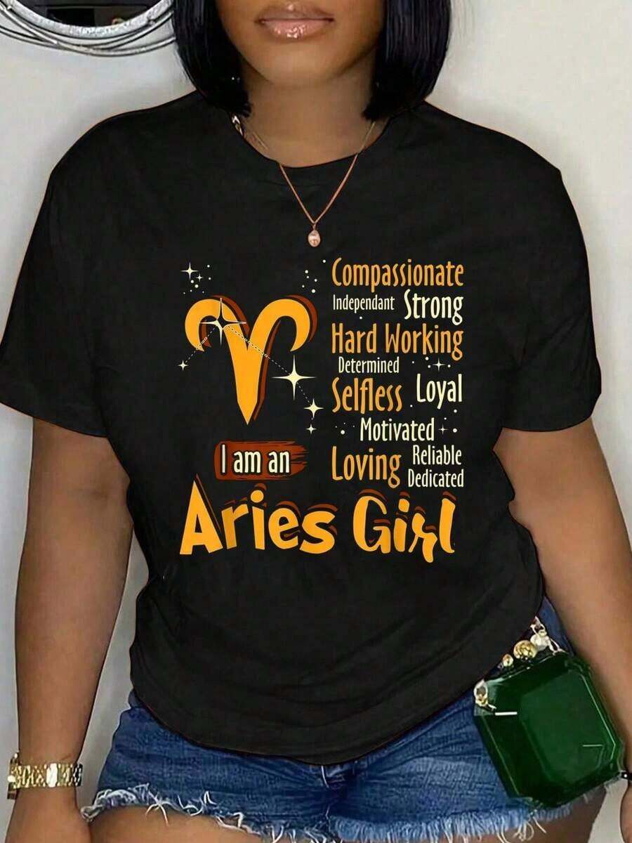 100% Cotton I Am An Aries Girl Zodiac Sign Women's Funny T-Shirt, Casual Blouse, Basic Tops, Women's Cotton T-Shirts, Oversized Women's Shirt - 黑色 - 查看 1