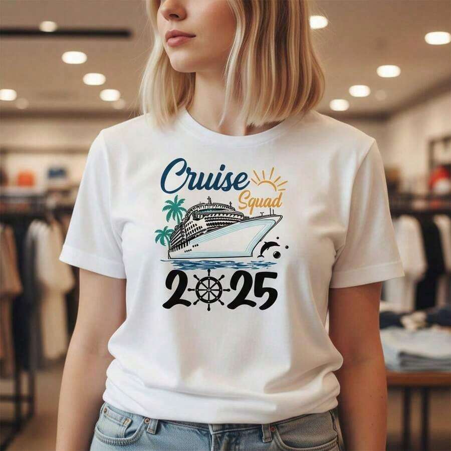 Women's 'Cruise Squad 2026' Graphic Print Cotton T-Shirt, Casual Short Sleeve Crew Neck T-Shirt, Summer Holiday T-Shirt, Available In Various Sizes, Soft - 白色 - 查看 1