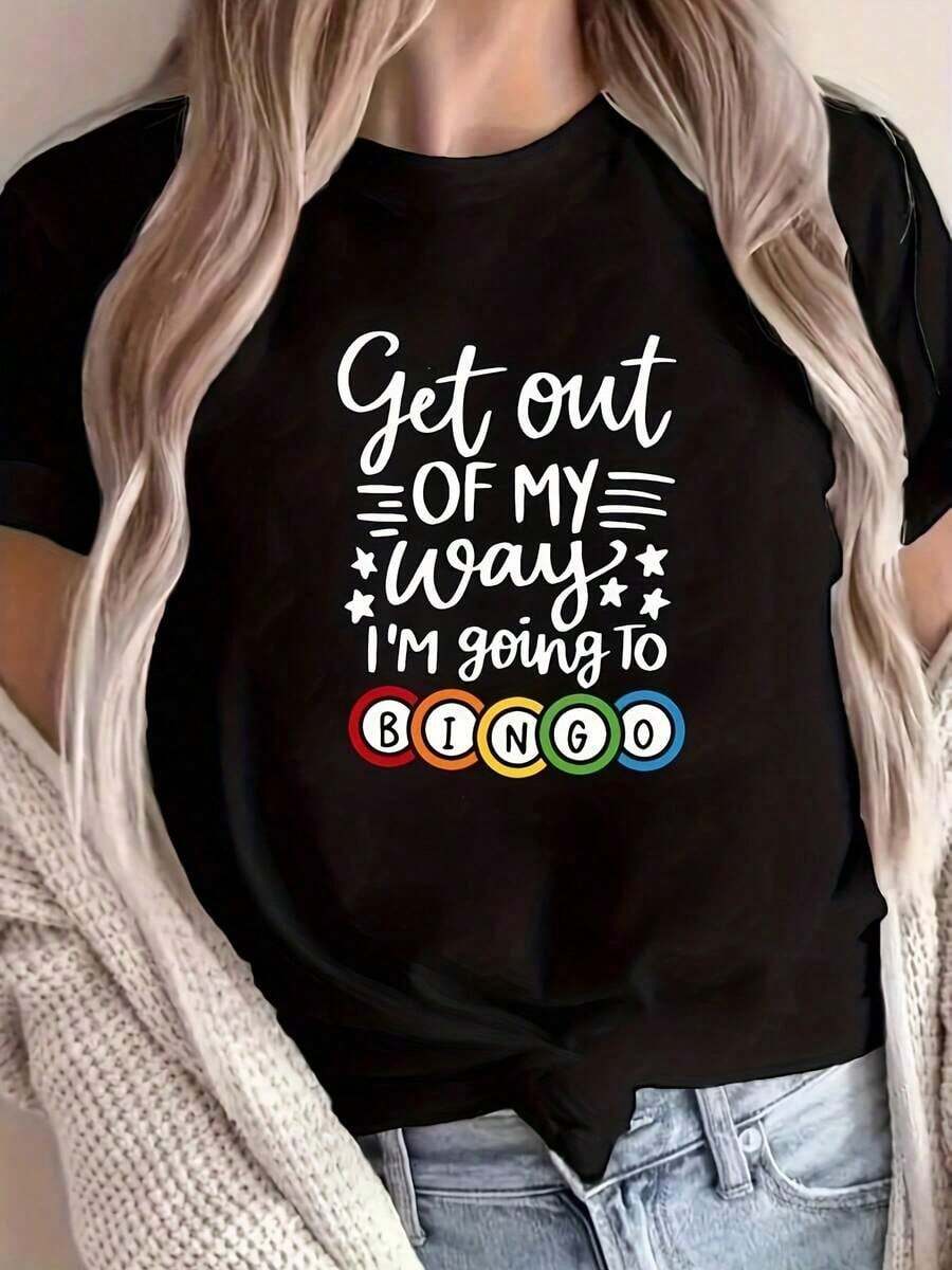 Camiseta de mujer con estampado gráfico y cuello redondo - con el eslogan 'Get Out Of I'm Going To RINGO' y estrellas coloridas y bolas de bingo, top casual deportivo de manga corta para verano, lavable, ropa de uso diario, tela no transparente, playeras de mujer. - Negro - Ver 1