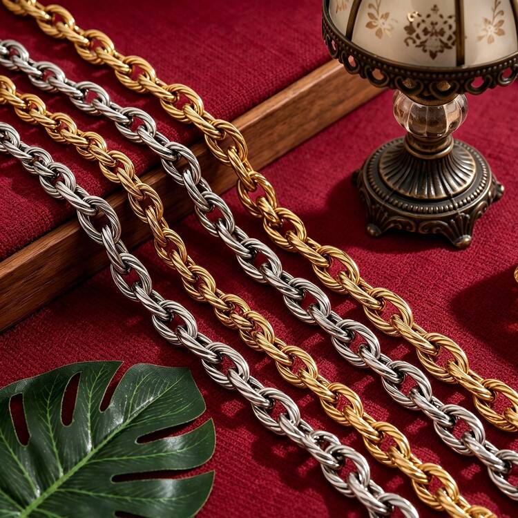 Dây chuyền thép không gỉ 304 mạ vàng 18K, đường kính 5mm, kiểu dây thừng xoắn, chưa hoàn thiện, mắt xích có vân, thích hợp để tự làm trang sức. - xích - Xem 1