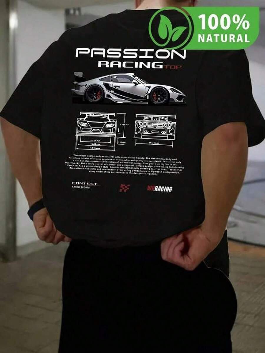 100% Algodón Premium 180g : Camiseta exclusiva de carreras con diseño audaz de auto deportivo en negro para fanáticos de la velocidad estilo urbano mex chic. Ropa de Moda Casual Suave y Transpirable para Diario - Negro - Ver 1