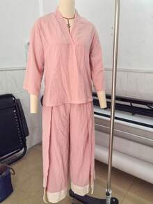 Women's Linen Set, V-Neck Short Sleeve Blouse + Wide Leg Pants, Multiple Colors Available, Spring/Summer Casual Wear - Pink - View 2