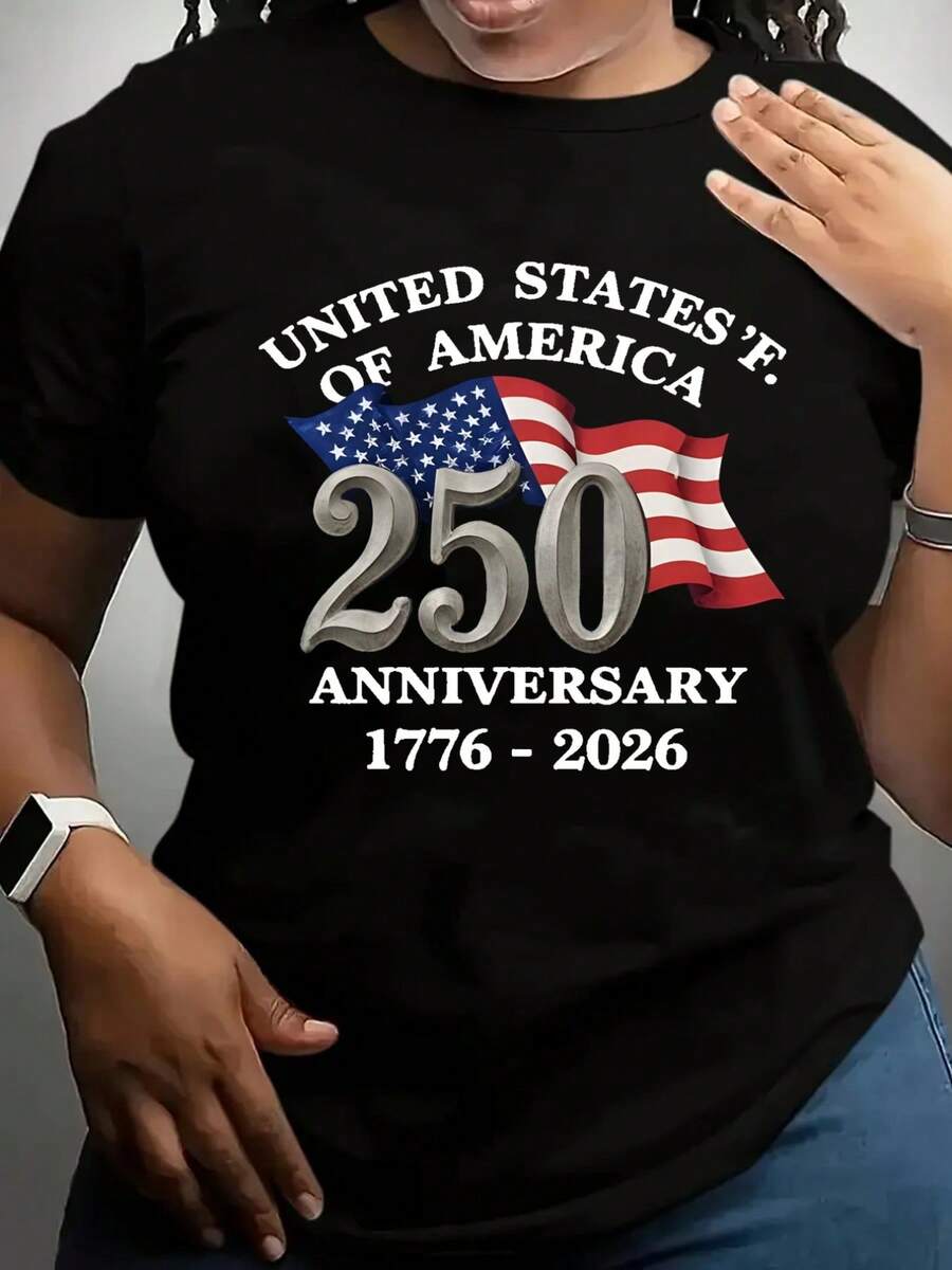 Women's Short Sleeve T-Shirt, 250th Anniversary Of Independence, Flag Print T-Shirt, Casual Black Round Neck T-Shirt, Elastic, Machine Washable, Suitable For Sports And Leisure In Spring/Summer/Autumn. - 黑色 - 查看 1