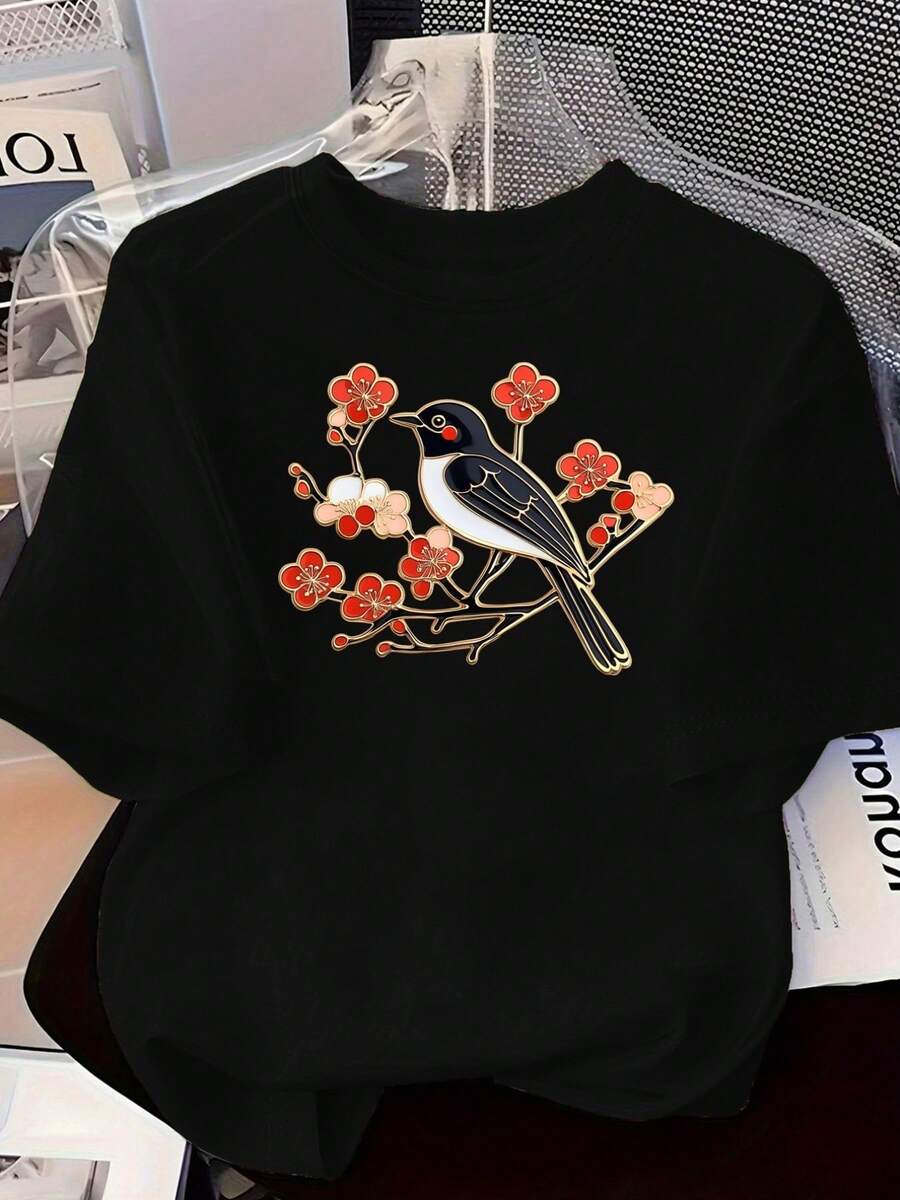 Women's Casual Short-Sleeved T-Shirt With Red Plum Blossom Print, Comfortable And Well-Fitting, Matching Sets For Sisters, Essential For Outdoor Travel, Women's T-Shirt, Spring And Summer T-Shirt. - 黑色 - 查看 1