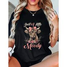 Camiseta de Verano Premium para Mujer con Estampado de Vaca Highland, Diseño Divertido de Flor y Granjero, Manga Corta, Cuello Redondo, Ropa Casual Deportiva de Verano - Negro - Ver 9
