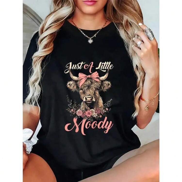 Women's Premium Summer T-Shirt With Highland Cow Print, Fun Flower And Farmer Design, Short Sleeve, Round Neck, Summer Casual Sportswear - màu đen - Xem 9