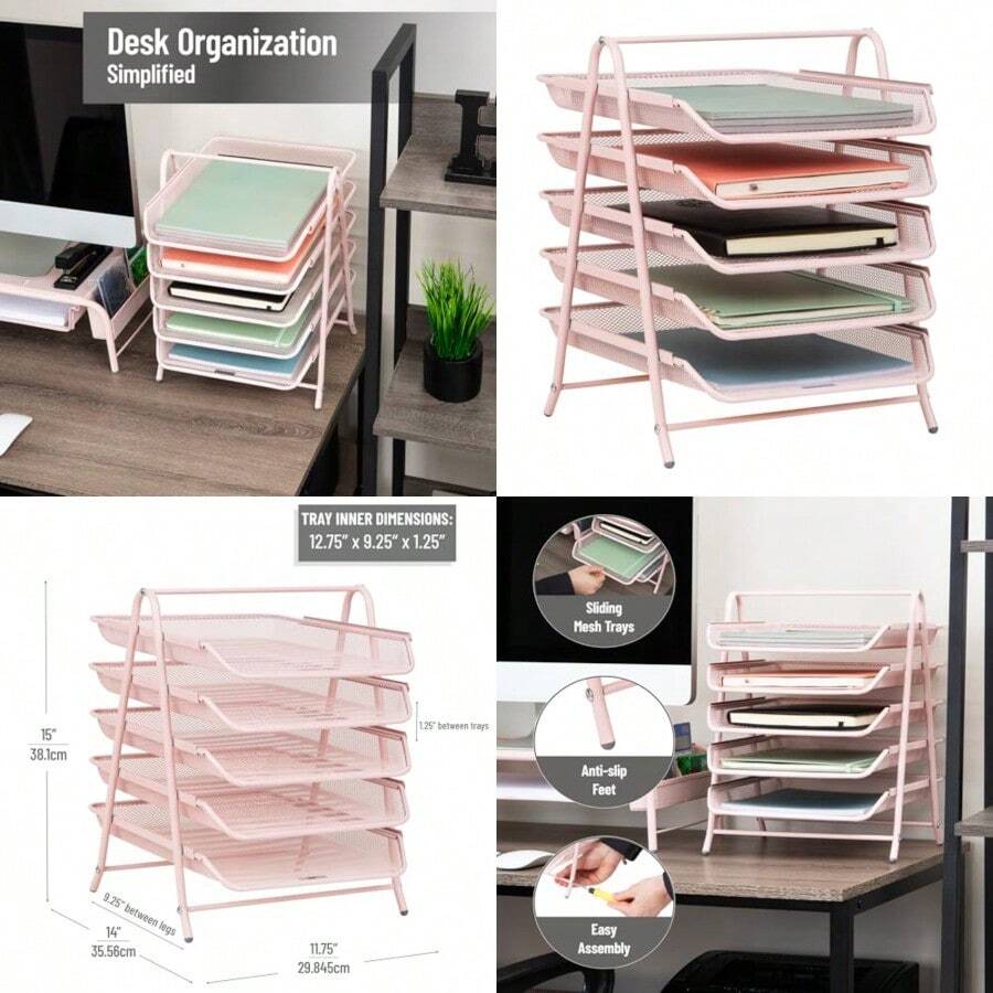 Betesh Mind Reader 5-Tier Paper Tray Desktop Organizer File Storage Workspace Office Metal Mesh 11.75" L x 14" W x 14.5" H - Rosa - Ver 1