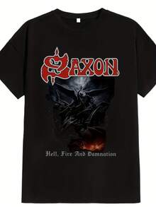 Men's Heavy Metal T-Shirt With Saxon And Hellfire And Curse Logo - Viking Warrior Design, Durable T-Shirt, Featuring The Iconic Saxon Lettering, A Casual Item For Music Fans, Suitable For All Seasons, Ideal For House Parties And Travel. - 黑色 - 查看 1