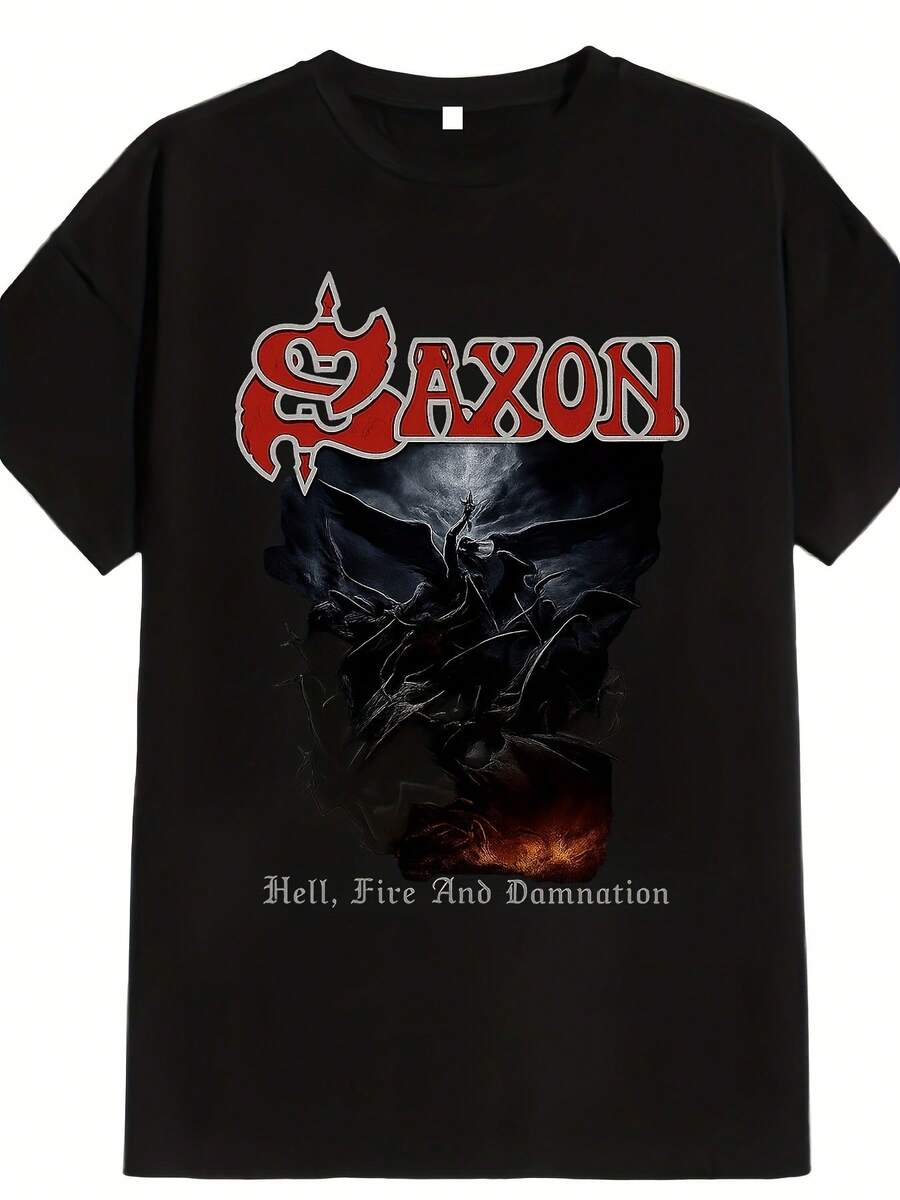Men's Heavy Metal T-Shirt With Saxon And Hellfire And Curse Logo - Viking Warrior Design, Durable T-Shirt, Featuring The Iconic Saxon Lettering, A Casual Item For Music Fans, Suitable For All Seasons, Ideal For House Parties And Travel. - 黑色 - 查看 1