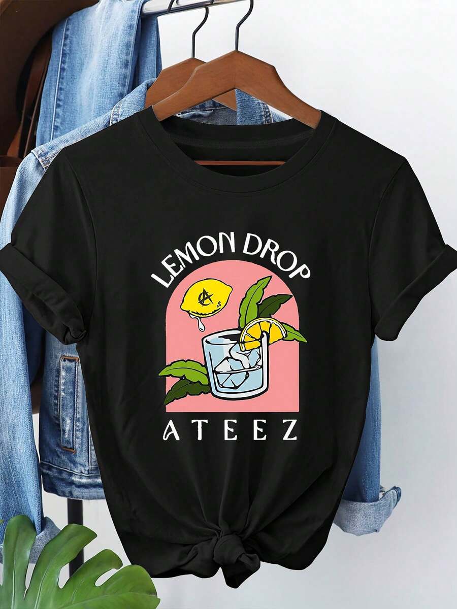 [ Graphic T-Shirt] LEMON DROP  Graphic Print T-Shirt - Women's Casual Short Sleeve Crew Neck T-Shirt - Spring And Summer Clothing. Women's Casual Printed T-Shirt, Short Sleeve Crew Neck, Spring/Summer Local Urban Fashion. - 黑色 - 查看 1