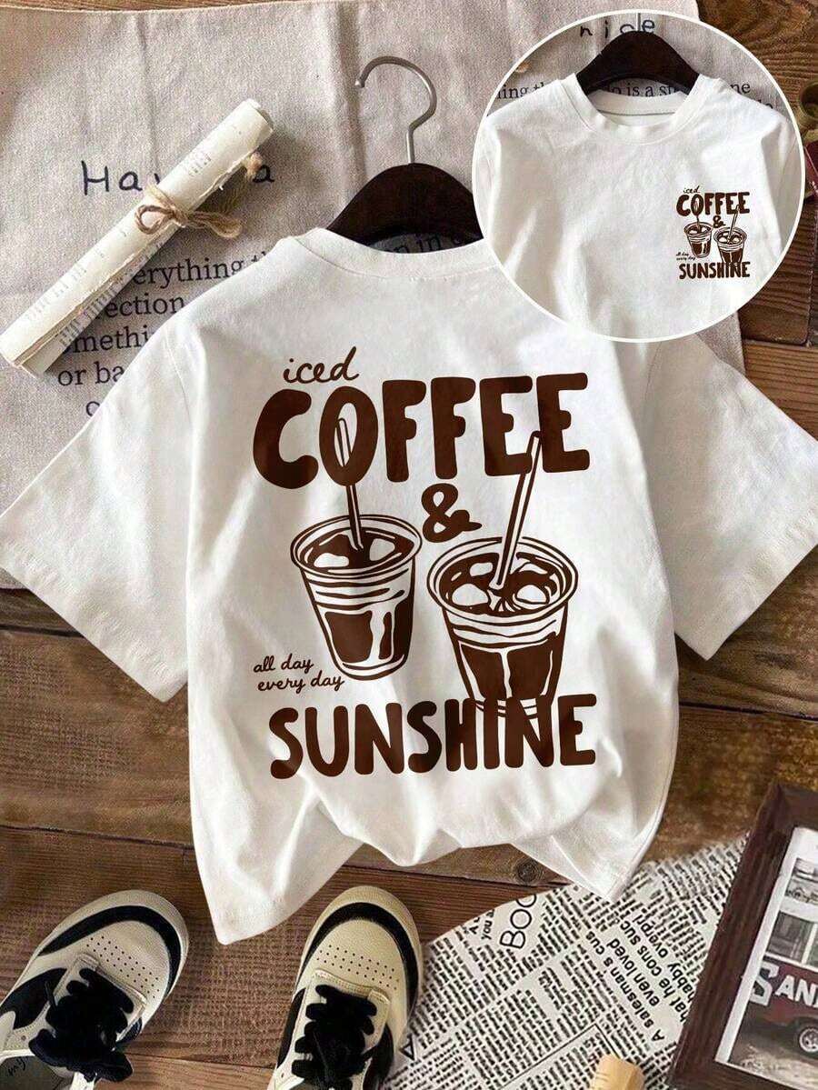 Camiseta de manga corta con cuello redondo, talla grande, color café helado, estilo Sunshine, de verano, de alta elasticidad, corte regular, 100% algodón. - Blanco - Ver 1