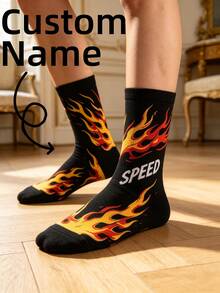 1雙中性客製化火焰印花襪，個性化 SPEED 文字賽車員襪，黑色街頭風火焰圖案，彈性柔軟，適合汽車愛好者的禮物 - 彩色 - 查看 2