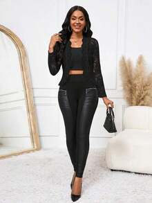 Lady Chaqueta elegante y casual con volantes de encaje para uso diario, para otoño - Negro - Ver 6