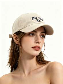 1 chiếc mũ lưỡi trai unisex dày dặn màu đen thêu chữ NY, mũ thời trang thường ngày chống nắng ngoài trời - Màu be - Xem 6