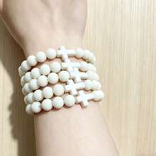 1pc 8MM Natural Stone Cross Healing Bracelet, Gift For Christians And Prayer - White Turquoise - View 2