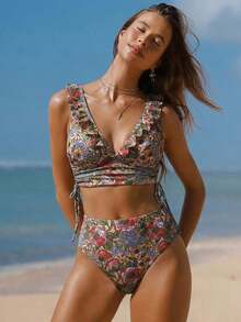 Conjunto de camiseta de tirantes y bikini con estampado floral ditsy para mujer, ideal para vacaciones románticas en la playa, nuevas llegadas de moda primavera/verano 2026: estilos de Año Nuevo, estilos de San Valentín, estilos de vuelta al col - Multicolor 2 - Ver 3
