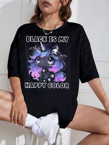 Black Unicorn Gothic T-Shirt, My Joyful Colour - Soft And Comfortable Retro Graphic T-Shirt With Purple Unicorn And Rainbow Horn Design, Classic Black Casual Short-Sleeved Crew Neck Shirt For Men And Women, Casual For All Seasons. - 黑色 - 查看 1