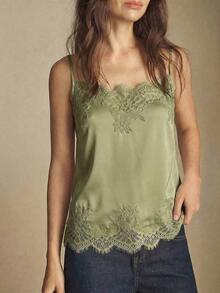 Camiseta sin mangas con ajuste de tirantes y encaje, versátil para usar en primavera/verano, adecuada para Pascua, Día de San Patricio, estilo vintage romántico de los 90, fiesta, playa, graduación, vacaciones, invitado de boda, casual, elegante - Verde - Ver 1