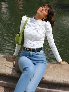 Frenchy Camiseta con bordado con ojal ribete fruncido - Blanco - Ver 3