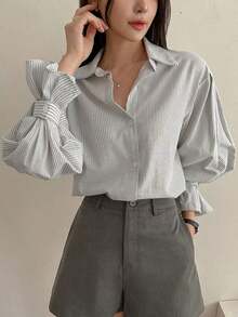 Camisa con volantes y hombros caídos a rayas verticales, blusas de manga larga, ropa de otoño - Gris Claro - Ver 11