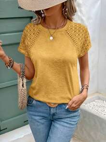 Elegante Camiseta Ajustada Con Patchwork De Encaje Y Manga Corta - Amarillo - Ver 4