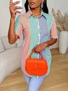Camisa de mujer de manga corta, ajuste ceñido, con dobladillo curvo dividido, unicolor minimalista, para uso diario y casual en verano - Multicolor 7 - Ver 6