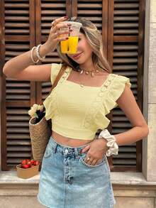 Frenchy Blusa de mujer con manga de volantes, parche de encaje y lazo de unicolor - Amarillo - Ver 7