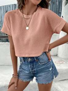 Camiseta corta de manga de murciélago color rosa sólido de primavera - Rosa coral - Ver 4