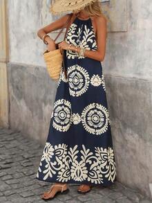 Vestido con estampado, corte con abertura alta, espalda descubierta, atar al cuello y flecos para mujer, vacaciones - Azul marino - Ver 8