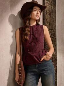 in mangas estilo BOHO vintage casual de estilo campestre americano, uso básico diario para otoño/invierno - Burdeos - Ver 5