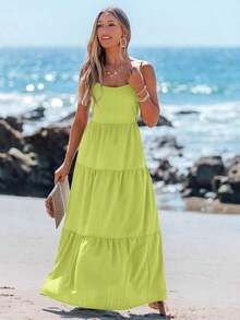 Vestido casual sin mangas con lazo para primavera y verano, atuendos de verano para mujer, vestidos de verano para mujer, atuendos de vacaciones, vestido de playa de verano para mujer, vestido de vacaciones estilo boho y fairycore, vestido sin esp - Verde - Ver 2