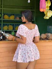 Blusa de manga corta con pliegues y estampado floral para mujer talla grande, para uso casual/vacaciones/oficina - Blanco - Ver 2