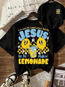 [% Cotton] TaggedThreads Jesus Lemonade T-Shirt, But My Jesus Is Making Lemonade, Women's Graphic Tee, Casual Short Sleeve Crew Neck T-Shirt, Comfortable Summer, Autumn And Winter Styles - Unisex Everyday Wear For Women And Men For Campus - 黑色 - 查看 1