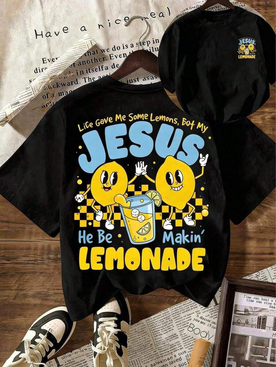 [% Cotton] TaggedThreads Jesus Lemonade T-Shirt, But My Jesus Is Making Lemonade, Women's Graphic Tee, Casual Short Sleeve Crew Neck T-Shirt, Comfortable Summer, Autumn And Winter Styles - Unisex Everyday Wear For Women And Men For Campus - 黑色 - 查看 1