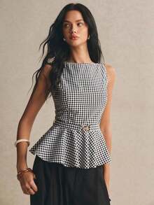 Blusa sin mangas elegante y casual con dobladillo con volantes, para verano - Rojo - Ver 5