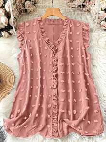 Blusa sin mangas de talla grande para vacaciones casuales con parches de puntitos suizos de mezcla de estilos y dobladillo con volantes - Naranja Coral - Ver 1