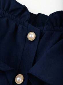 Blusa de hombros descubiertos con botones frontales y volantes de unicolor simple, para verano - Azul marino - Ver 3