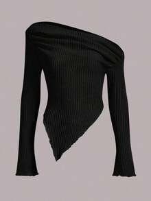 ICON Camiseta con cuello asimétrico y ribete de lechuga, estilo Y2K grunge - Negro - Ver 7