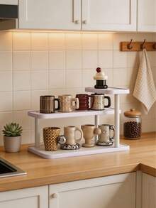 1 pieza Organizador de escritorio de madera vintage, Estante de almacenamiento de cosméticos multicapa vintage, Estante de almacenamiento multifuncional para el hogar, Estante para especias de cocina, Estante para tazas/mugs, Estante de exhibición abierta para lápices labiales, perfumes, tazas de té, botellas de especias, Estante ahorrador de espacio para encimeras - Blanco - Ver 2