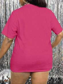 Camiseta de manga corta con eslogan y diamantes de imitación para mujer, tallas grandes - Rosa Fucsia - Ver 2