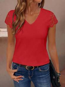 Camiseta de manga corta con parche de encaje en color liso, versátil y casual - Rojo - Ver 4