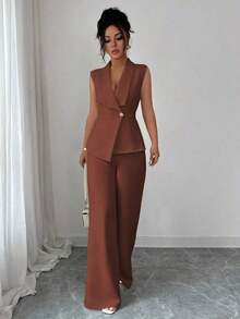 Conjunto de oficina elegante para mujer, compuesto por una chaqueta blazer sin mangas con cuello y bajo asimétrico, con hebilla metálica en la cintura, combinada con pantalones de cintura elástica.Conjunto de 2 piezas elegante para primavera/verano, atuendo formal y de clase para mujer. - Óxido marrón - Ver 8