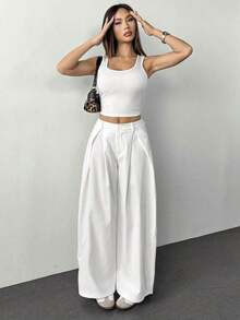 Pantalones anchos de verano con dobladillo curvo verde, estilo vintage, casual y para salir - Blanco - Ver 7