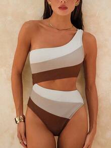 Traje de baño de una pieza con bloque de color y un solo hombro para mujer, ideal para nadar, vacaciones y playa en verano - Multicolor 2 - Ver 1