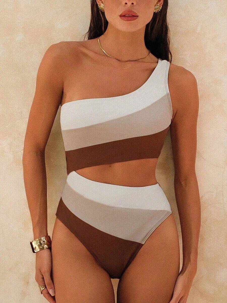 Traje de baño de una pieza con bloque de color y un solo hombro para mujer, ideal para nadar, vacaciones y playa en verano - Multicolor 2 - Ver 1
